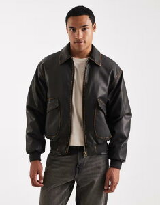 RbgI Y AE^[ WPbgEu] Be[W U[ tFCNU[ WPbg Cotton On vintage faux leather bomber jacket in washed Washed Brown uE
