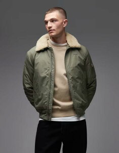 XRbg Y AE^[ WPbgEu] Nbvh S WPbg Schott logo patch zip pocket detail cropped padded jacket with faux fur collar in sage/beige Sage/beige Z[W