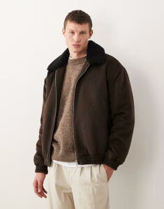 GC\X Y AE^[ WPbgEu] E[ WPbg ASOS DESIGN harrington jacket in wool look with borg collar BROWN uE