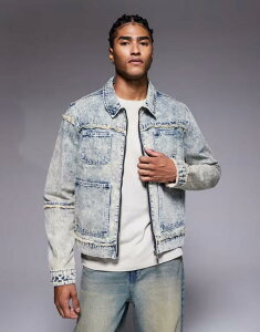 L[Ah|[J[ Y AE^[ WPbgEu] fj WPbg Liquor N Poker oversized distressed denim zip jacket in light blue wash LIGHT BLUE u[