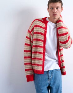 �g�b�v�}�� �����Y �A�E�^�[ �J�[�f�B�K�� �N���[�l�b�N Topman fluffy striped crew neck cardigan RED ���b�h