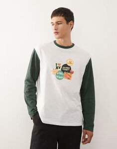 ���N���C�� ���B���e�[�W �����Y �g�b�v�X T�V���c �O���t�B�b�N Reclaimed Vintage long sleeve ringer t-shirt with sticker graphics and forest White �z���C�g