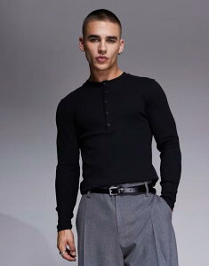 �G�C�\�X �����Y �g�b�v�X T�V���c �w�����[�l�b�N �V���c ASOS DESIGN muscle fit long sleeve T-shirt with henley neck rib Black �u���b�N