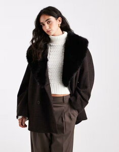 �G�C�\�X ���f�B�[�X �A�E�^�[ �R�[�g �E�[�� ASOS DESIGN wool blend oversized pea coat with faux fur collar in heritage plaid Herringbone plaid �`�F�b�N