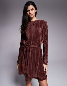 �G�C�\�X ���f�B�[�X �g�b�v�X �����s�[�X �~�j�����s�[�X �~�j ASOS DESIGN plisse long sleeve tie waist mini dress with frill detailing in chocolate Chocolate �`���R���[�g