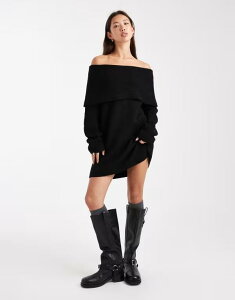 �~�X�Z���t�t���b�W ���f�B�[�X �g�b�v�X �����s�[�X �~�j�����s�[�X �~�j Miss Selfridge foldover off the shoulder mini dress Black �u���b�N