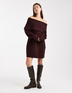 �~�X�Z���t�t���b�W ���f�B�[�X �g�b�v�X �����s�[�X �~�j�����s�[�X �~�j Miss Selfridge foldover off the shoulder mini dress in chocolate Chocolate �`���R���[�g