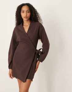 �G�C�\�X ���f�B�[�X �g�b�v�X �����s�[�X �~�j�����s�[�X �~�j ASOS DESIGN supersoft long sleeve wrap tie front mini dress in chocolate Chocolate �`���R���[�g