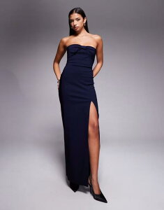 �x�X�p�[ ���f�B�[�X �g�b�v�X �����s�[�X �}�L�V�����s�[�X �}�L�V Vesper bow front detail bandeau thigh slit maxi dress NAVY �l�C�r�[
