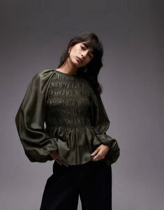 AhAU[Xg[[Y fB[X gbvX TVc nClbN & Other Stories high neck peplum style volume sleeves top Khaki green O[