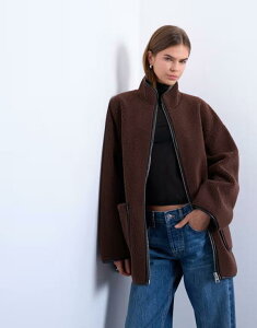 �g�b�v�V���b�v ���f�B�[�X �A�E�^�[ �W���P�b�g�E�u���]�� �n�C�l�b�N �W���P�b�g Topshop longline high neck throw on faux shearling jacket in chocolate Teddy �`���R���[�g