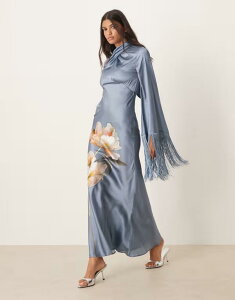 GC\X fB[X gbvX s[X }LVs[X t[ h[v Te }LV tW t[ ASOS DESIGN draped neck satin bias maxi dress with fringe sleeve detail in overblown floral Floral