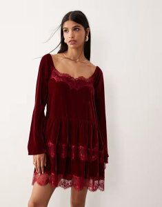 �G�C�\�X ���f�B�[�X �g�b�v�X �����s�[�X �~�j�����s�[�X �~�j �x���x�b�g ASOS DESIGN long sleeve sweetheart neckline mini dress in wine velvet Wine velvet ���C��