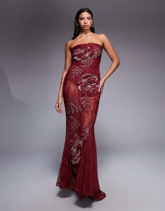 GC\X fB[X gbvX s[X }LVs[X XJ[g [X }LV ASOS DESIGN bandeau lace embellished maxi dress with corset detailing and fishtail skirt in berry Berry
