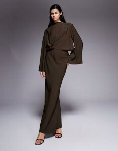 �G�C�\�X ���f�B�[�X �g�b�v�X �����s�[�X �}�L�V�����s�[�X �}�L�V ASOS DESIGN long sleeve tucked waist bias cut maxi dress in chocolate Chocolate �`���R���[�g