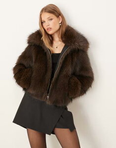 X[hxA fB[X AE^[ WPbgEu] WPbg Threadbare short fur jacket with collar in chocolate CHOCOLATE BROWN uE