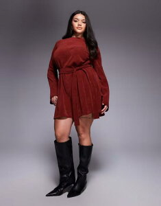 �G�C�\�X ���f�B�[�X �g�b�v�X �����s�[�X �R�[�f�����C �~�j�����s�[�X �~�j ASOS Curve ASOS DESIGN Curve fluted sleeve tie waist corduroy mini dress Burgundy �o�[�K���f�B