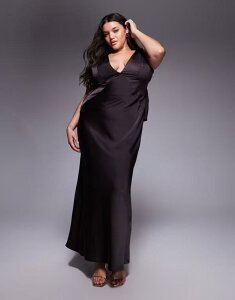 �G�C�\�X ���f�B�[�X �g�b�v�X �����s�[�X �}�L�V�����s�[�X �T�e�� �}�L�V ASOS Curve ASOS DESIGN Curve satin plunge maxi dress with knotted shoulders and deep cowl back in chocolate Chocolate �`���R���[�g