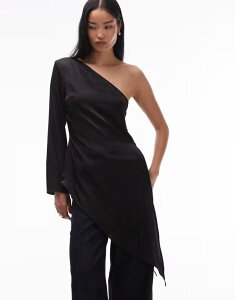 �G�C�\�X ���f�B�[�X �g�b�v�X �^���N�g�b�v �T�e�� ASOS DESIGN satin one shoulder longline top black �u���b�N