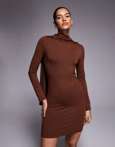 �G�C�\�X ���f�B�[�X �g�b�v�X �����s�[�X �~�j�����s�[�X �~�j ASOS DESIGN scarf detail bodycon mini dress CHOCOLATE BROWN �u���E��