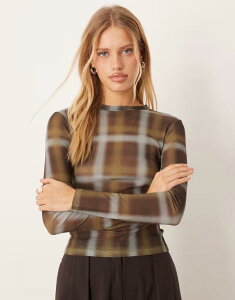 �G�C�\�X ���f�B�[�X �g�b�v�X �V���c �v�����g �V�A�[ ASOS DESIGN gauzy sheer plaid printed long sleeve top in olive OLIVE �I���[�u