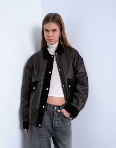 gbvVbv fB[X AE^[ WPbgEu] XG[h RgXg U[ tFCNU[ WPbg Topshop faux leather patch pockets jacket with faux suede contrast brown uE