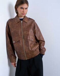 gbvVbv fB[X AE^[ WPbgEu] U[ tFCNU[ WPbg Topshop faux leather bomber jacket in washed Washed brown uE