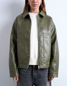 gbvVbv fB[X AE^[ WPbgEu] U[ tFCNU[ WPbg Topshop faux leather zip up jacket with patch pockets in washed washed green O[