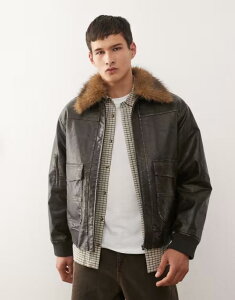 NC Be[W fB[X AE^[ R[g U[ WPbg Reclaimed Vintage faux fur collar leather look bomber jacket Brown uE