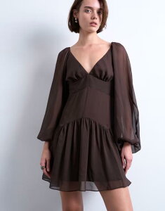 �g�b�v�V���b�v ���f�B�[�X �g�b�v�X �����s�[�X �~�j Topshop blouson sleeve mini day dress in chocolate Chocolate �`���R���[�g