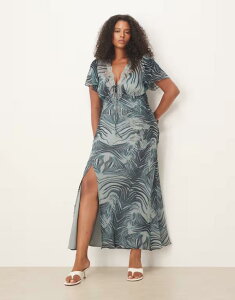 �G�C�\�X ���f�B�[�X �g�b�v�X �����s�[�X �~�f�B�����s�[�X �v�����g �~�f�B ���[�X ASOS Curve ASOS DESIGN Curve lace detail flutter sleeve tie front midi dress zebra print Blue Floral Print �u���[
