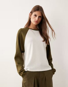 �G�C�\�X ���f�B�[�X �g�b�v�X T�V���c �j�b�g ASOS DESIGN raglan long sleeve waffle-knit top in cream and olive Olive stripe �I���[�u