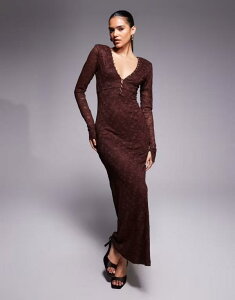 �o�[�h�b�g ���f�B�[�X �g�b�v�X �����s�[�X V�l�b�N �}�L�V�����s�[�X ���[�X �}�L�V Bardot Zenia lace button trim v-neck maxi dress in chocolate Chocolate �`���R���[�g