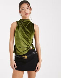 �G�C�\�X ���f�B�[�X �g�b�v�X �^���N�g�b�v �X�^���h�l�b�N �x���x�b�g ASOS DESIGN velvet funnel neck tank top with metal trim in olive Olive �I���[�u