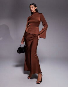 �G�C�\�X ���f�B�[�X �g�b�v�X �����s�[�X �}�L�V�����s�[�X �}�L�V ASOS DESIGN fluted sleeve peplum maxi dress in chocolate Chocolate �`���R���[�g