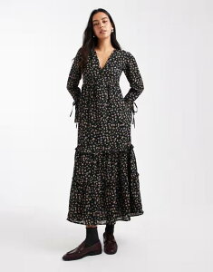 �E�F���Y�f�[�K�[�� ���f�B�[�X �g�b�v�X �����s�[�X �t�����[�� �t�����[ Wednesday's Girl grunge floral floaty midaxi dress Black �u���b�N