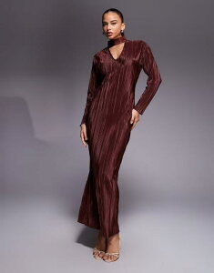 �G�C�\�X ���f�B�[�X �g�b�v�X �����s�[�X �}�L�V�����s�[�X �}�L�V ASOS DESIGN plisse V front choker detail maxi dress in chocolate Chocolate �`���R���[�g