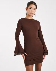 �G�C�\�X ���f�B�[�X �g�b�v�X �����s�[�X �~�j�����s�[�X �~�j ���[�X ASOS DESIGN slash neck fluted lace sleeve mini dress in chocolate Chocolate �`���R���[�g