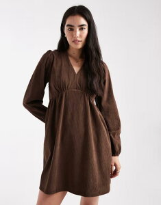 �X���[�h�x�A ���f�B�[�X �g�b�v�X �����s�[�X �R�[�f�����C �~�j�����s�[�X �~�j Threadbare corduroy long sleeve mini dress in chocolate CHOCOLATE BROWN �u���E��