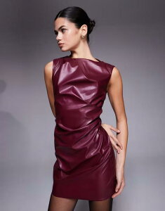 �G�C�\�X ���f�B�[�X �g�b�v�X �����s�[�X �M���U�[ �~�j �m�[�X���[�u ���U�[ ASOS DESIGN sleeveless ruched leather lookmini dress in wine Wine ���C��