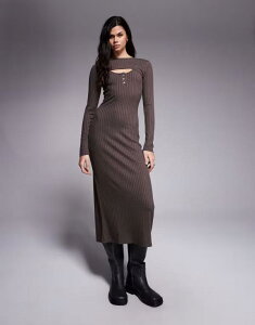 �G�C�\�X ���f�B�[�X �g�b�v�X �����s�[�X �}�L�V�����s�[�X ���u �J�[�f�B�K�� �}�L�V ASOS DESIGN ribbed long sleeve button scoop neck maxi dress with cardigan detailing in chocolate Chocolate �`���R���[�g