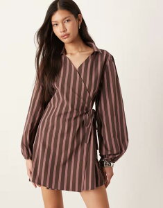 �G�C�\�X ���f�B�[�X �g�b�v�X �����s�[�X �V���c�����s�[�X �~�j �V���c ASOS DESIGN poplin tie side mini shirt dress in chocolate stripe Chocolate Stripe �`���R���[�g
