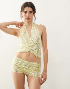 �R���[�W���� ���f�B�[�X �g�b�v�X �V���c �X�p���R�[�� �z���^�[ COLLUSION festival sequin cross over halter top in yellow - part of a set YELLOW �C�G���[