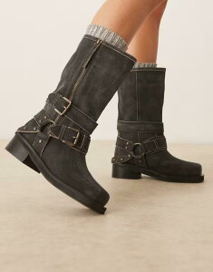 �G�C�\�X ���f�B�[�X �V���[�Y �u�[�c�E���C���u�[�c �X�G�[�h �u�[�c ���U�[ ASOS DESIGN Casey leather hardware biker knee boots in aged black suede Aged black �u���b�N