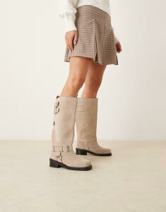 �G�C�\�X ���f�B�[�X �V���[�Y �u�[�c�E���C���u�[�c �X�G�[�h �u�[�c ASOS DESIGN Crest suede harness moto knee boots in stone STONE �X�g�[��