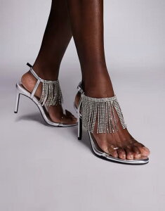 �G�C�\�X ���f�B�[�X �V���[�Y �T���_�� �t�����W �q�[�� ASOS DESIGN Noelle embellished fringe high heeled sandals Clear/silver �V���o�[