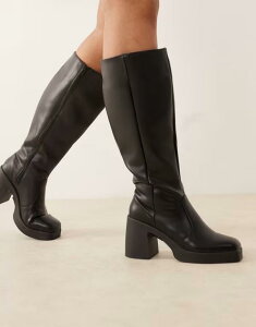 �G�C�\�X ���f�B�[�X �V���[�Y �u�[�c�E���C���u�[�c �q�[�� ASOS DESIGN Curve Coraline square toe heeled knee boots PU Black �u���b�N