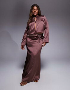 �G�C�\�X ���f�B�[�X �{�g���X �X�J�[�g �M���U�[ �T�e�� �}�L�V ASOS Curve ASOS DESIGN Curve ruched detail satin maxi skirt in chocolate - part of a set TBC �`���R���[�g