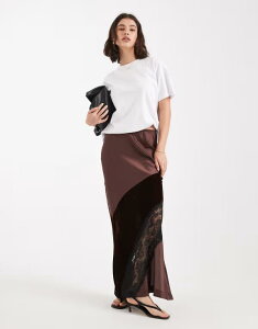 �G�C�\�X ���f�B�[�X �{�g���X �X�J�[�g �x���x�b�g �T�e�� ���[�X �}�L�V ASOS DESIGN velvet and lace mix satin maxi skirt in chocolate Chocolate �`���R���[�g