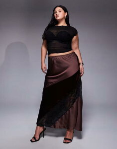 �G�C�\�X ���f�B�[�X �{�g���X �X�J�[�g �x���x�b�g �T�e�� ���[�X �}�L�V ASOS Curve ASOS DESIGN Curve velvet and lace mix satin maxi skirt in chocolate Chocolate �`���R���[�g